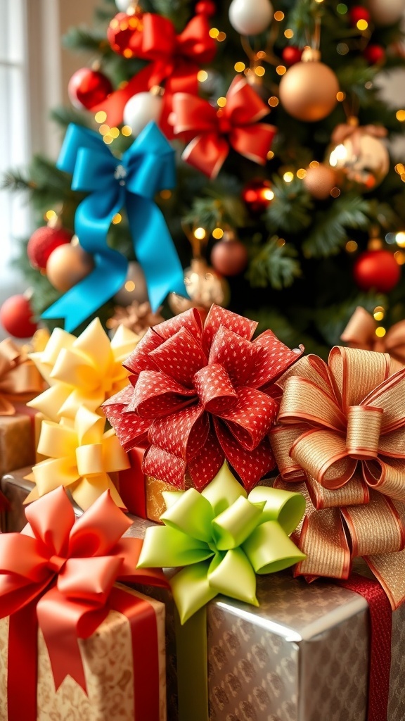 Colorful Christmas bows in various styles and textures, displayed with a decorated Christmas tree and wrapped gifts.